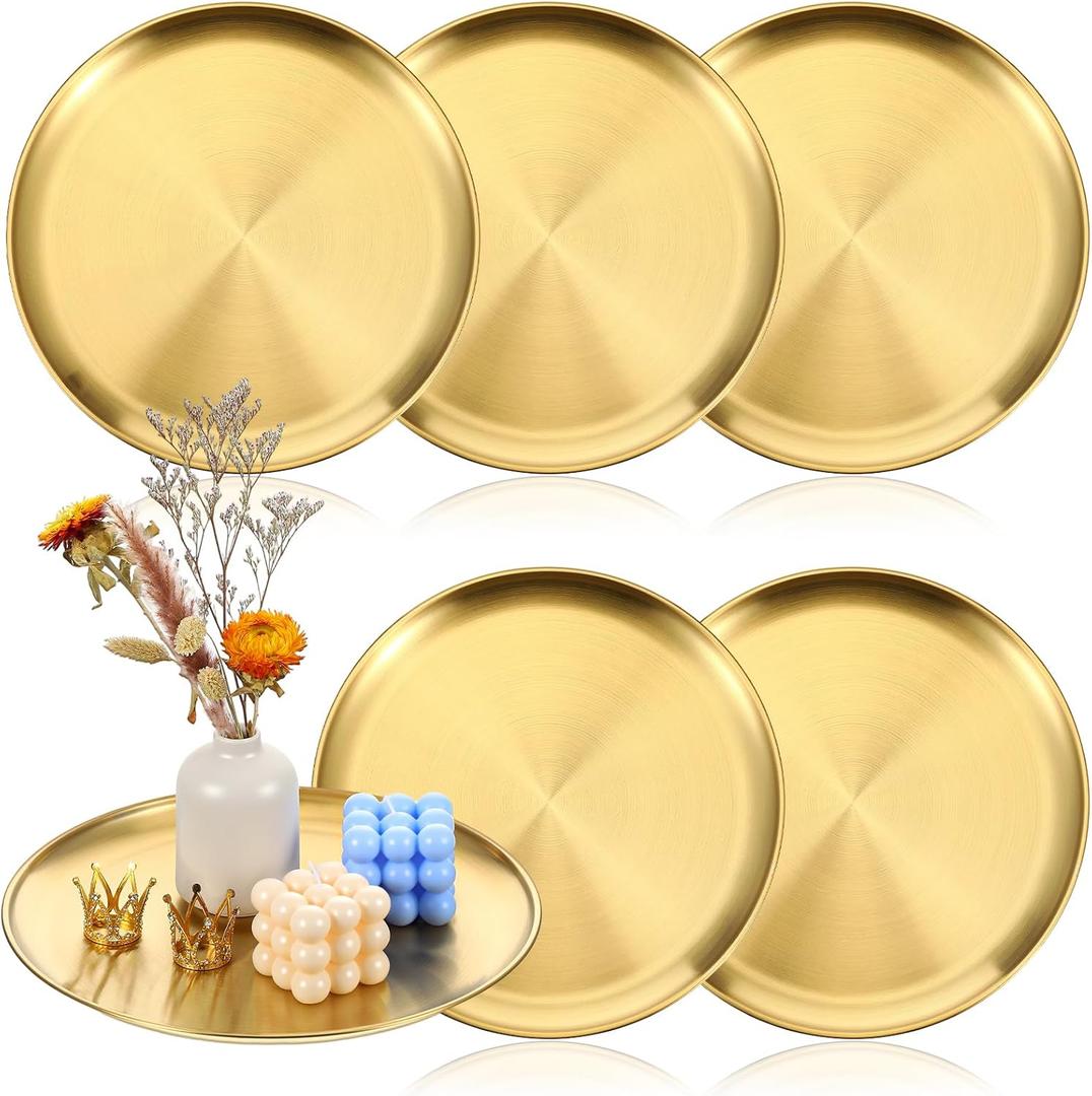6 Pcs Gold Serving Trays, 12 Inch Stainless Steel Round Decorative Serving Table Food Circle Tray for Coffee Bar Home Bathroom Candle Wedding Party Makeup Organizer Perfume Countertop