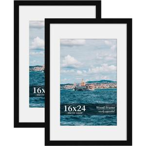 16x24 Picture Frame Set of 2, Wood Frame with Real Glass, Wide Border | Displays 12x18 with Mat or 16x24 without Mat, Horizontal or Vertical Wall Mount, Matte Black for Gallery Walls