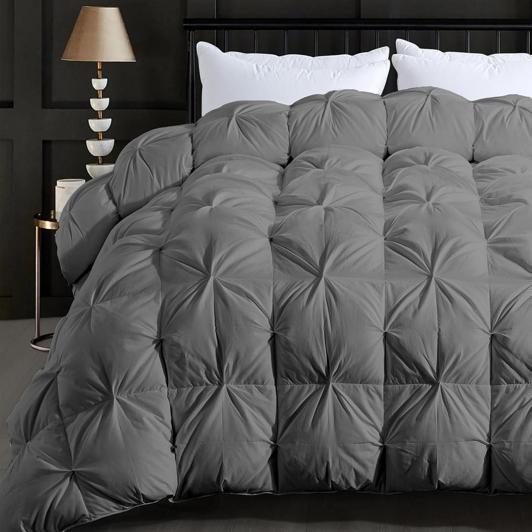 ELNIDO QUEEN Feather Comforter Queen Size Duvet Insert, Luxurious Fluffy Hotel Grey Pinch Pleat Bedding Comforter - Ultra Soft All Season 100% Cotton Shell, Queen 90x90 Inch (Grey Twisted Flower)