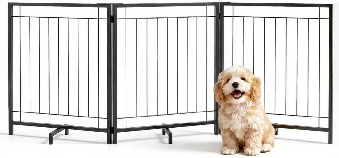 Faesun Dog Gate Indoor, Freestanding Dog Fence, 59x24-Inch Metal Pet Gate for Dogs, 3-Panel Puppy Gates for Doorways, Hallways, Stairs, Black