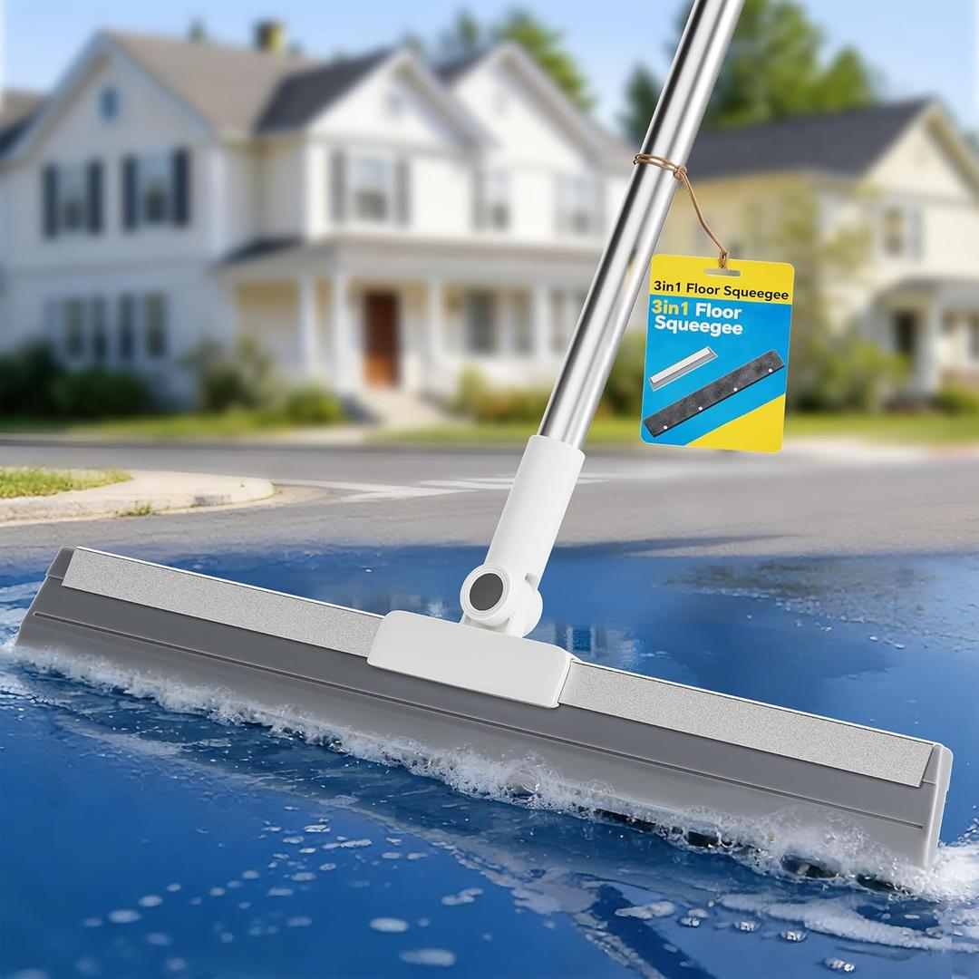 Floor Squeegee Broom with Long Handle, Heavy Duty Rubber Squeegee Kit with 2 Replacement Heads & 1 Cloth, Scrubber for Tile Floor, Garage, Concrete (3-in-1 Set)