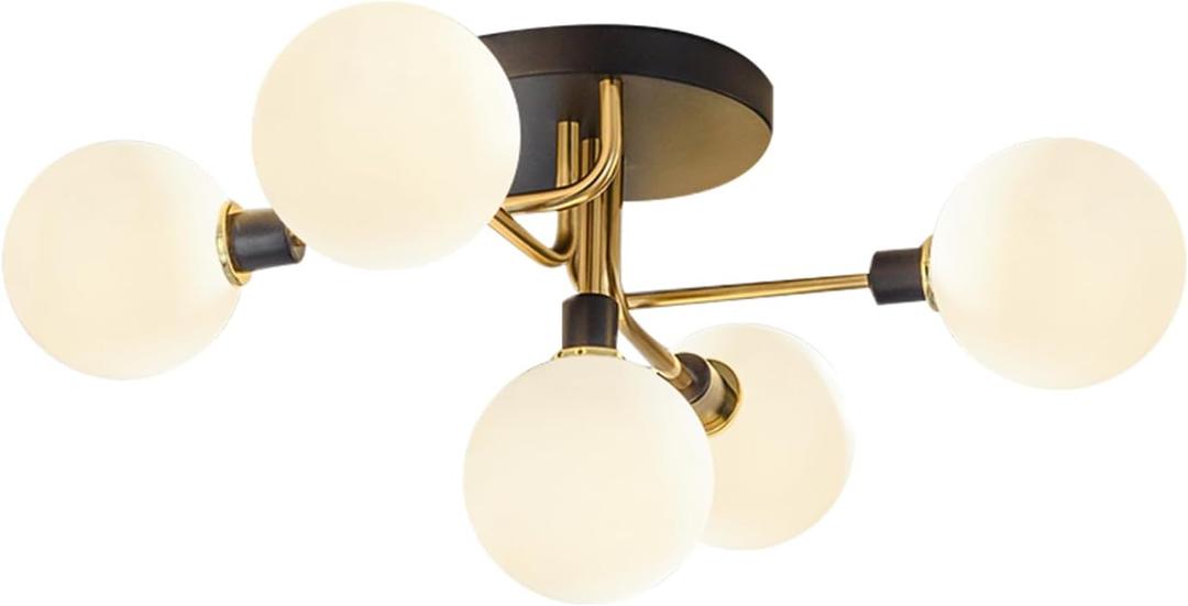 BOKT Mid Century Modern 5 Lights Milk Glass Globe Ceiling Light Black and Brass Semi Flush Mount Bathroom Sputnik Ceiling Light Fixture Vintage Close to Ceiling Dining Room Hallway Lighting (Gold+White)