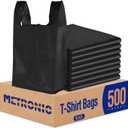 METRONIC 500 Count Black Plastic T-shirt Bags with Handle, 11.5 x 6.5 x 21 Plastic Carry Bags for Retail, Supermarket, Grocery Shopping Bag for Packaging, Takeout, Trash, Convenience Stores, in Bulk