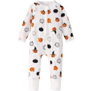 MODNTOGA Halloween Outfit Baby Boy Girl Pumpkin Graphic Romper Long Sleeve Pumpkin Print Jumpsuit Newborn Infant Fall Clothes (White), 80