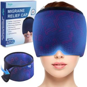 Hilph Adjustable Headache Ice Pack Wrap for Migraine, Headache Relief Ice Cap with Soft Thickened Gel, Hot & Cold Therapy Migraine Mask for Headache Tension, Sinus, Stress, Hangover & Puffy Eyes, Blue