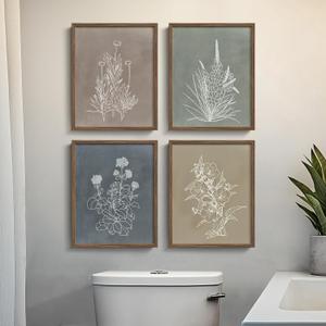 Boho Framed Botanical Wall Art for Bathroom Decor, 4 Piece Rustic Floral Canvas Painting Prints Artwork for Walls, Vintage Neutral Flower Pictures for Farmhouse Bedroom Dining Room Kitchen, 8x10 Inch (Simple - Walnut Framed)