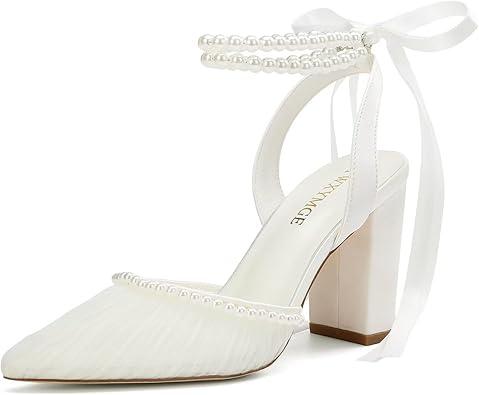 Pearl Heels Wedding Shoes for Bride Closed Toe Bridal Heels Comfortable Bridal Shoes, 10, Ivory