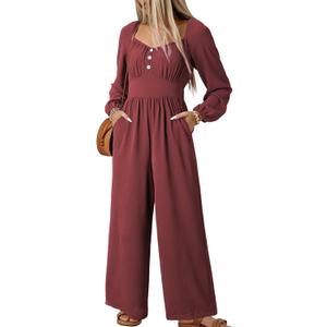 Dokotoo Jumpsuits for Women 2025 Fall Long Sleeves Square Neck Rompers High Waisted Wide Leg Pants Dressy Resort Wear 2025 with Pockets for Party,Red Dahlia Large (Red, L)