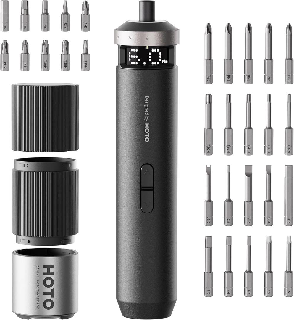 HOTO PixelDrive Electric Screwdriver, Smart Display, 6 Torque Settings, 0.5 to 6 Nm, 1/4'' Hex 30 Bits, LED Light, 2000 mAh Rechargeable Cordless Screwdriver Set for Electronics, Gadgets for Men