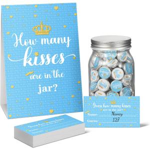 Moukeren 555 Pcs How Many Kisses Game Card Kit How Many Kisses Baby Shower Games Standing Sign Guessing Cards Baby Shower Stickers for Kid Sprinkle Birthday Party, No Candy and Jar(Blue Boy Style)