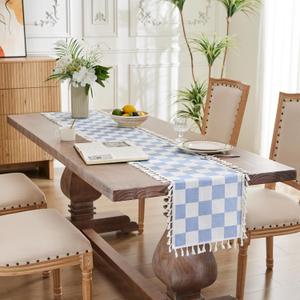 Blue Checkered Table Runner with Tassel Farmhouse Rustic Vintage Cute Aesthetic Retro Cotton Linen Table Runner 72 Long for Dinning Race Party Decoration 13''x72''