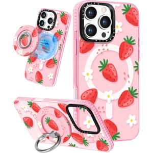 Lotadilo Cute Case for iPhone 16 Pro for Women Girls - Funny Strawberry Design Compatible with Magsafe Magnetic Ring Holder Kickstand Fashion TPU Phone Covers