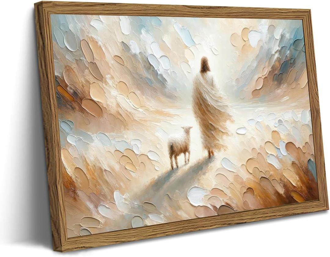 Framed Jesus leaves the 99 Sheep Canvas Wall Art, Christian Jesus and Lamb Wall Decor Paintings, Bible Good Shepherd Poster Prints Religious Home Decor for Living Prayer Room Church 16x24 inch