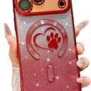 for iPhone 17 Pro Case, Glitter Clear Cute Paw Love Heart, Compatible with MagSafe, Strong Magnetic Full Camera Lens Protection Cover, Soft Slim Bling Phone Case 6.3" - Red