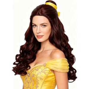 Half and Half Long Brown Curly Princess Wig with Bun + Yellow Ribbon + Wig Cap, 23.6'' Dark Brown Costume Wave Wigs for Women Halloween Party
