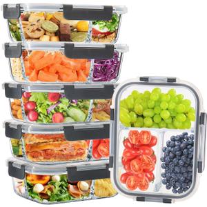 6 Pack 3 Compartment Glass Meal Prep Containers with Lids, 34oz, Grey