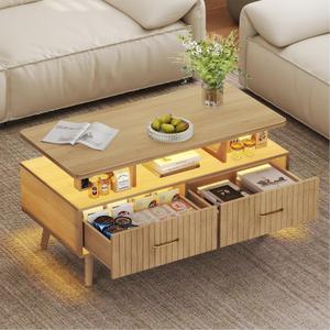YOSHOOT 37" LED Coffee Table with Storage 2 Drawers - Small Coffee Tables for Living Room Bedroom, Smart Wood Center Table with Open Display Shelf, Nature