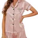 Womens Silk Satin Pajamas Set Short Sleeve Sleepwear Button Down Loungewear 2 Piece Pjs Shorts Set (L)