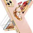 LeYi for iPhone 16 Pro Phone Case: 2 Pack Tempered Glass Screen Protector and 360° Rotatable Ring Holder Magnetic Kickstand, Plating Rose Gold Edge Protective for iPhone 16 Pro Case, Pink, Pack 4