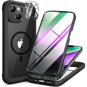Miracase Glass Series Designed for iPhone 14 Plus Case 6.7 inch, Upgrade Full-Body Magnetic Clear Case with Built-in 9H Tempered Glass Screen Protector,Compatible with MagSafe, Black