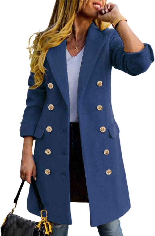 IDEALSANXUN Womens Fall Winter Wool Coats Double Breasted Midi Peacoat Trench Coats (Small, Misty Blue)