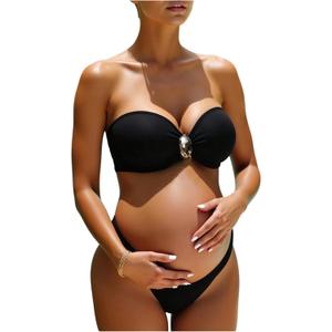 OYOANGLE Women's Maternity Bikini Set Pregnancy Bandeau Swimsuits Two Piece High Cut Strapless Bathing Suits, Black (L)