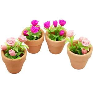 4 Pieces Mini Dollhouse Potted Plant Flower Model 1:12 Miniature Scene Bonsai Plant Set Accessories Micro Landscape Decoration (Rose+Pink)