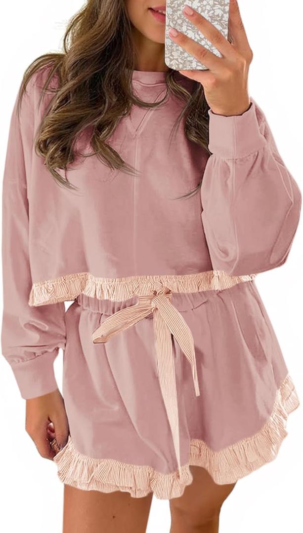 Fisoew Women's 2 Piece Lounge Sets Color Block Ruffle Cropped Sweatshirts Loose Drawstring Waist Shorts Sweatsuits (Pink), Small
