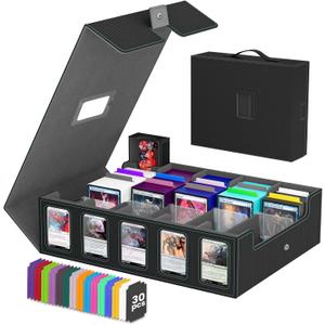 Trading Card Storage Box Gomyrod, 5-Row Card Case with Commander Display & Portable Handle, 4200+ MTG Deck Box Compatible for MTG/TCG/Magic Cards, 30 Colorful Divider, 8 Card Supporters (Black & Grey)