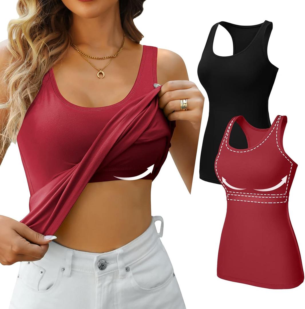 V FOR CITY Womens Shelf Bra Tank Tops Racerback Workout Camis Yoga Shirt Cotton Undershirt 2 Pack (X-Large, Black/Red)