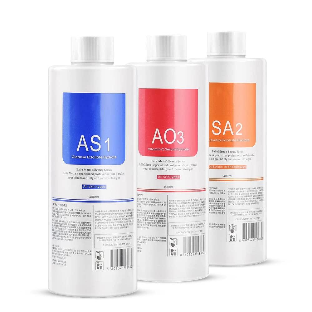 Aqua Peeling Solution AS1, SA2, and AO3 for Facial Cleansing, Top Salon Skin Scrub, Hydra Skin Scrub Special, Small Bubble Solution (3 Bottle x 400ml)