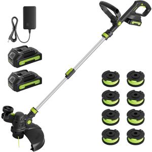 20V Cordless String Trimmer, Two 2.0Ah Battery Powered with Fast Charger, 12'' Grass Cutter with Auto Line Feed, 3-in-1 Electric Lawn Mower Grass Trimmer&Edger Lawn Tool with 8 Lines for Yard, Garden, Two Batteries