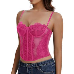 Lace Corset Tops for Women Sexy Going Out Bustier Top Sleeveless Adjustable Straps Crop Tops with Back Hooks (M, Rose Pink)