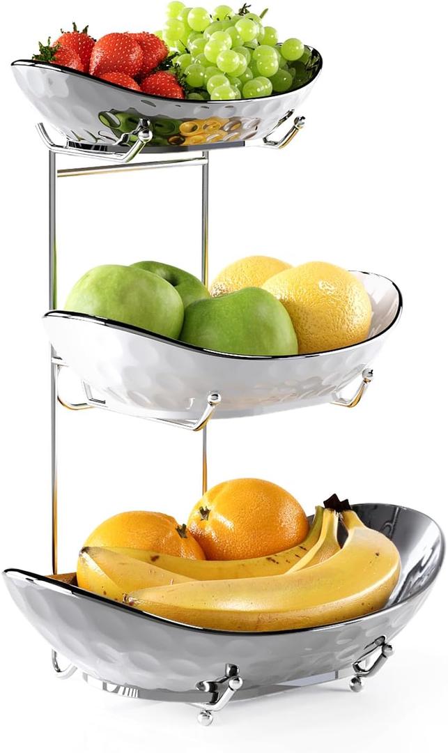 Fruit Bowl, 3 Tier Ceramic Fruit Basket, Serving Stand Serving Bowl with Metal Rack, Porcelain Kitchen Bowls for Fruit and Vegetable Storage Snack Nuts Dessert Cake Tray for Party Wedding (Silver)