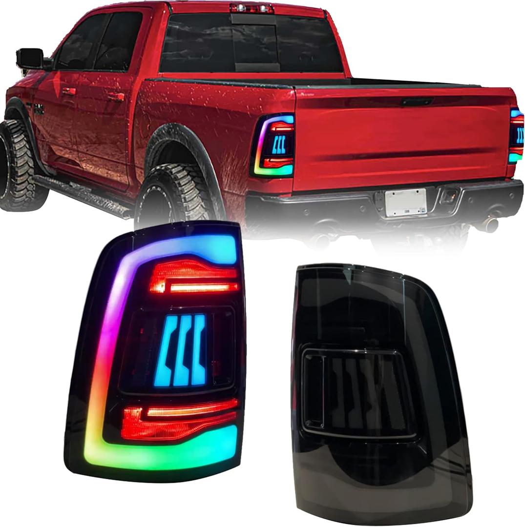RGB Tail Lights Assembly Compatible with 2009-2018 Dodge RAM 1500, 2010-2018 Ram 2500 Pickup Truck, Clear Lens LED Classic RAM Taillights Rear Lamps (Plug & Play)