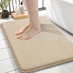 OLANLY Thick Memory Foam Small Bathroom Rugs 24x16, Extra Soft Absorbent Bathroom Mat, Quick Dry Bath Mat, Non-Slip, Machine Washable Carpet for Bathroom, Tub and Shower, Home Decor Accessories, Beige