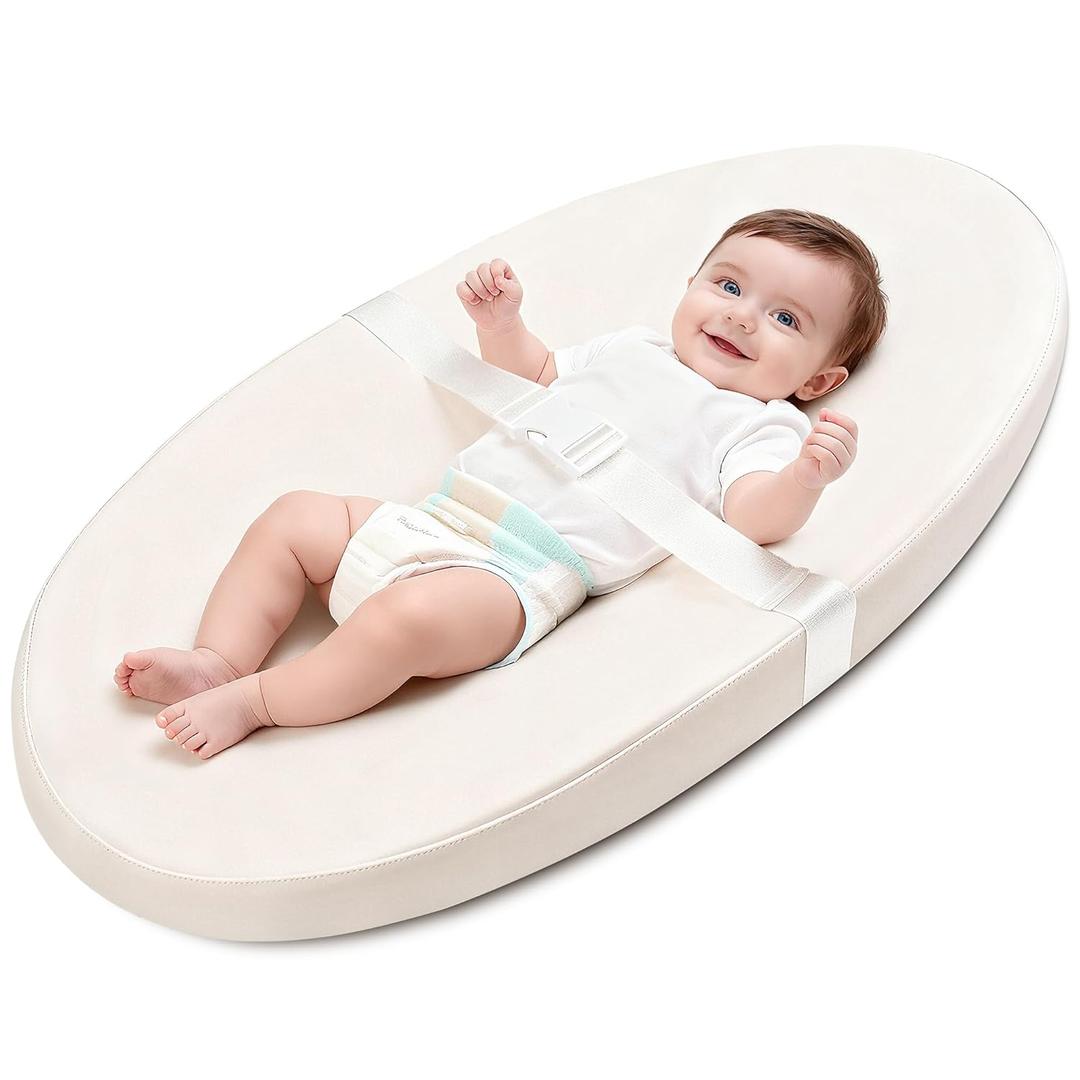 Baby Diaper Changing Pad, Wipeable Baby Changing Pad for Dresser, Contoured Waterproof Changing Pad with PU Cover, Non-Slip Safety Belt & Bottom, Portable, Lightweight (BEIGE)