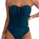 Milumia Women Strapless Bathing Suits Ruched Halter Bandeau One Piece Swimsuit (Medium, Dark Green)