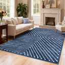 Washable Area Rug 3x5  Modern Geometric Low Pile Rug with Non-Slip Backing, Soft Neutral Carpet for Living Room, Bedroom, Dining Room & Home Office Navy