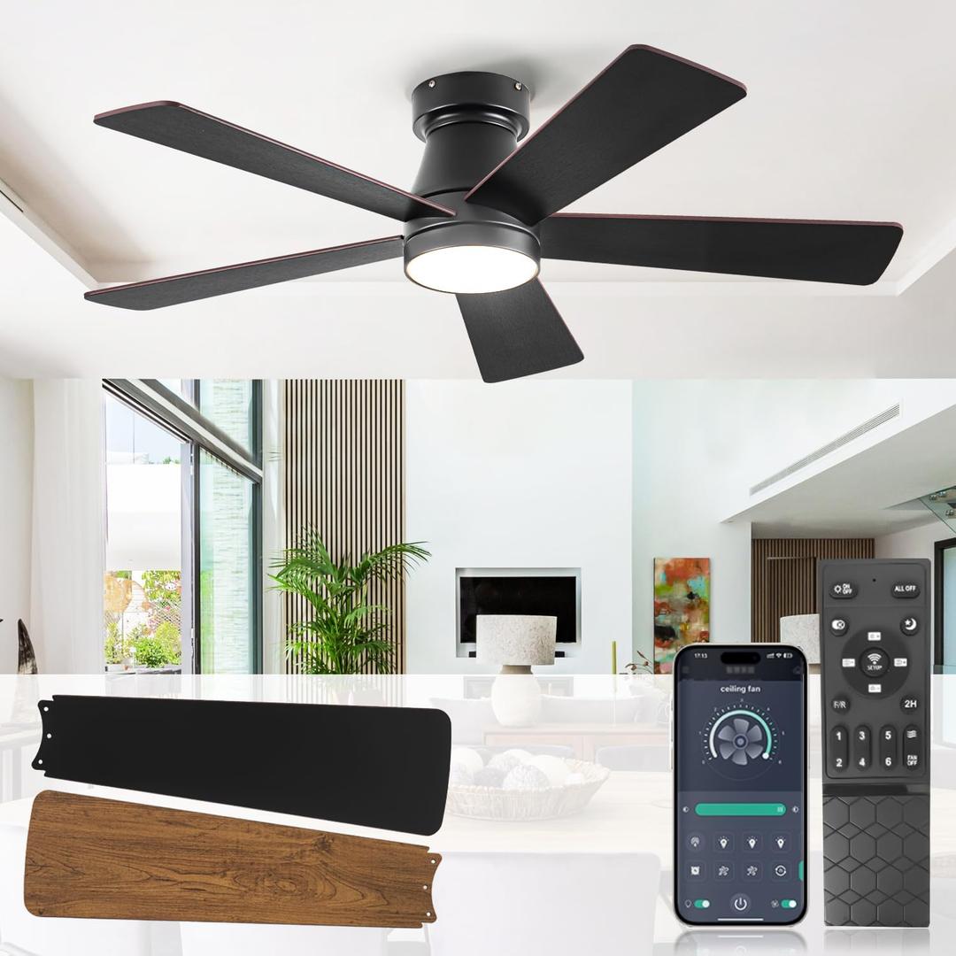Ceiling Fans with Lights, 42 inch Low Profile Ceiling fan with Light and Remote, Flush Mount, 6 Speeds, Reversible DC Motor,5 Blades, Noiseless, Black Small Ceiling Fan for Bedroom, Indoor/Outdoor