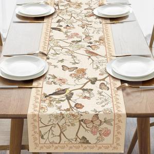 Vintage Floral Bird Dining Table Runner, Retro Peony Flower Plants Butterfly Pastoral Burlap Kitchen Decoration, Spring Summer Botanical Indoor Outdoor Home Decor Party Supply 13 x 72 Inches