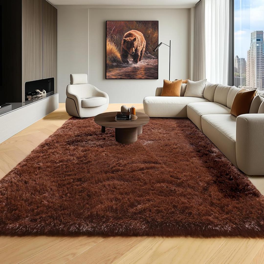 Brown 6x9 Area Rugs for Living Room Bedroom, Large Fluffy Bedside Throw Rug, Soft Plush Shaggy Fuzzy Floor Carpet for Nursery Kids Girls Boys Teen Dorm Home Office Decor Aesthetic