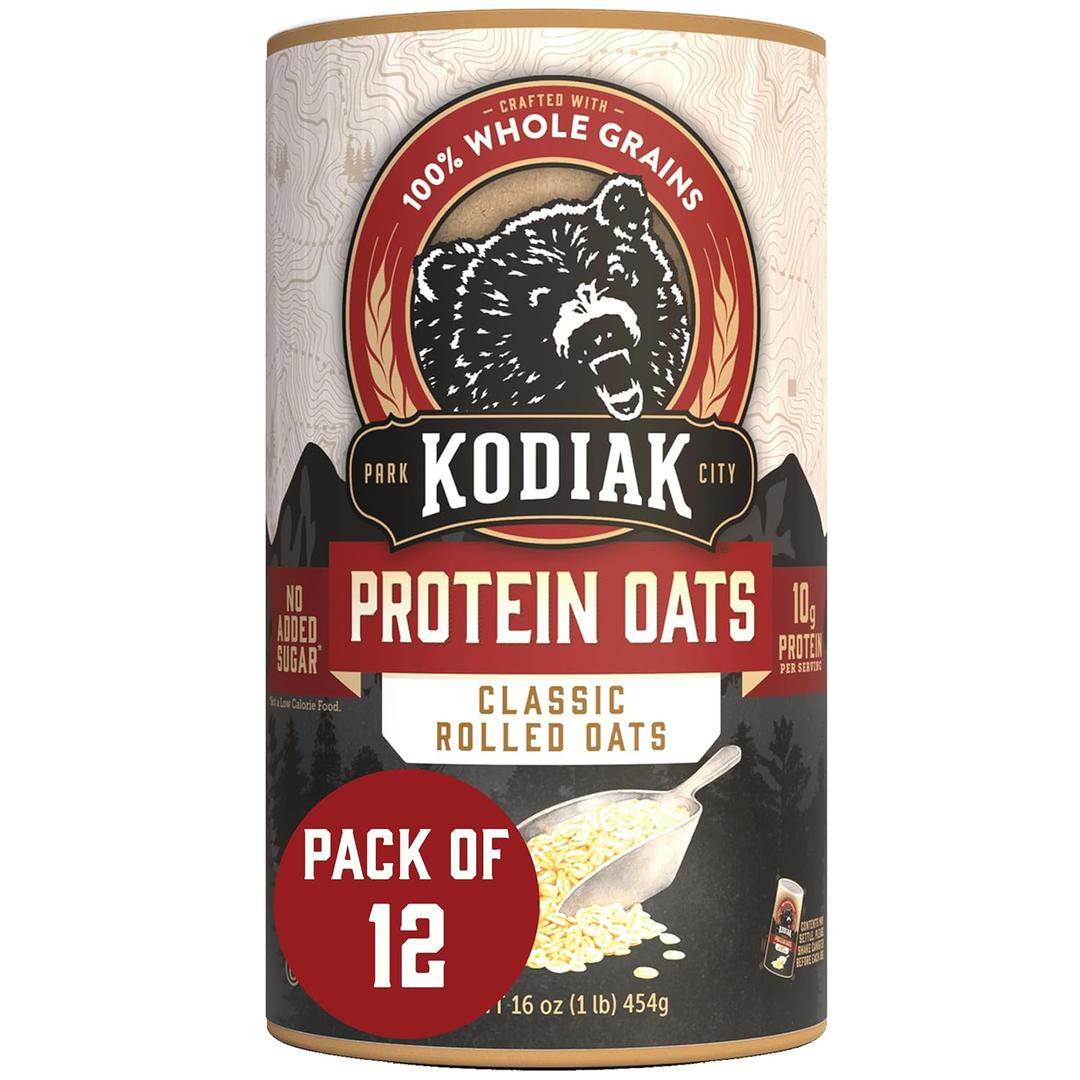 Kodiak Cakes Oatmeal Canister, Rolled Oats, High Protein, 100% Whole Grains (12 canisters), Best By: 7/15/2027