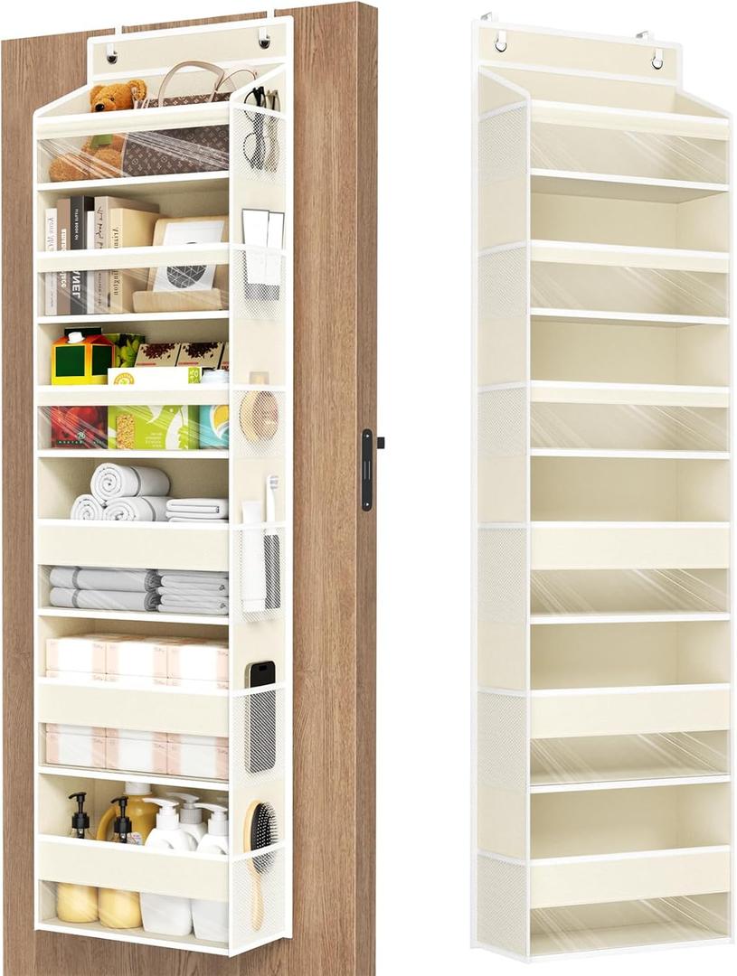 Mefirt Over The Door Organizer, 6 Shelf Door Hanging Organizers with 6 Large Capacity Pockets, Behind Door Storage Hanging Shelves for Closet Wall Bathroom Bedroom Nursery (Beige)