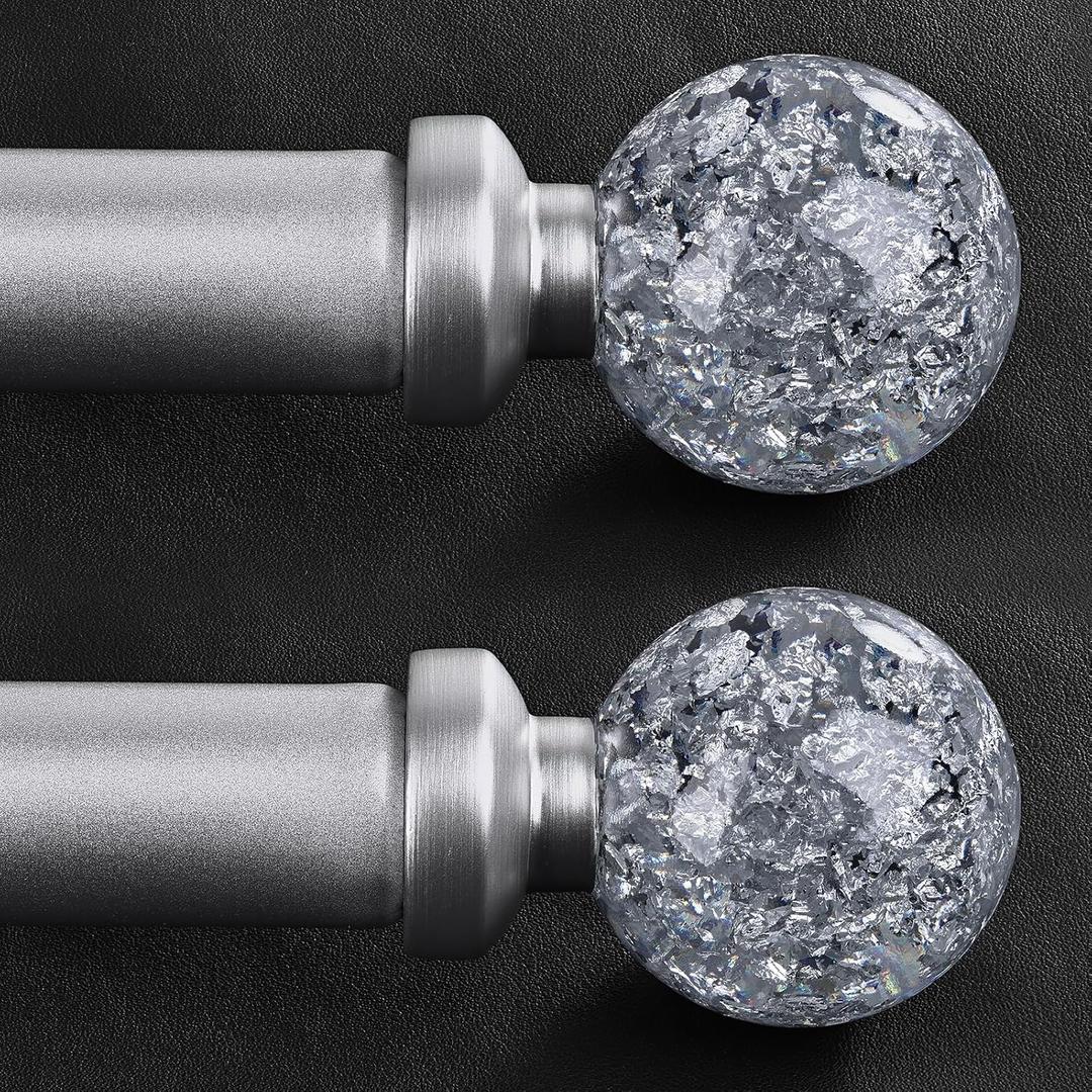2 Pack Silver Curtain Rods for Windows 48 to 84 Inch, 1'' Heavy Duty Adjustable Drapery Rod with Unique Crystal Ball Finials, Modern Decorative Curtain Rod,Size; 30-88''