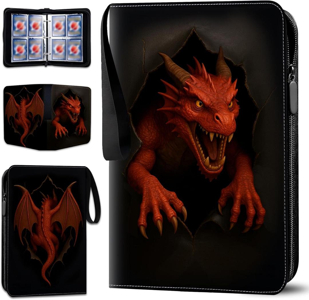 2 x Trading Card Albums with Zipper - 4 Pocket Double Sided Collection Binder for 400 Cards, Durable Scratch-Resistant PU Cover, Trading Card Sleeves for 3 Ring Album, for MTG & Game Cards (Fire Dragon)