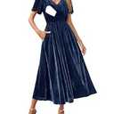 CzzzyL 2024 Nursing Velvet Maxi Dress for Women Pregnant Smocked Short Sleeve V Neck Flowy Wedding Guest Dresses with Pockets(Navy, X-Large)