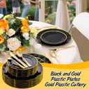EI 150pcs Black Plastic Plates,Black and Gold Fancy Plate,Gold Plastic Silverware,Black and Gold Dinnerware Set,Premiun Heavy Duty Taleware,Perfect for Party,Wedding,Christmas,New Year