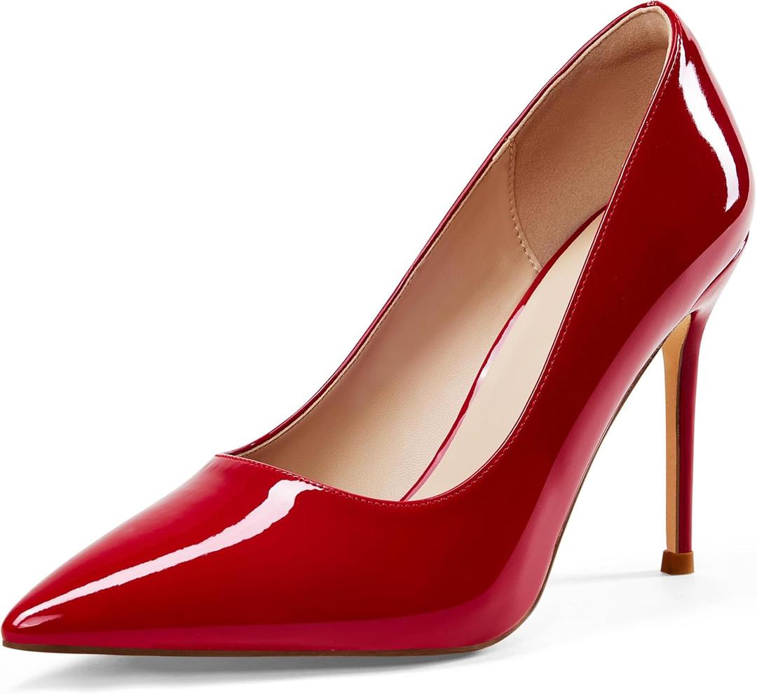 Elisabet Tang Women's High Heels Pumps Closed Pointed Toe Stiletto 4inch Heels Classic Office Special Dressy Wedding Pump Shoes (11, Red)