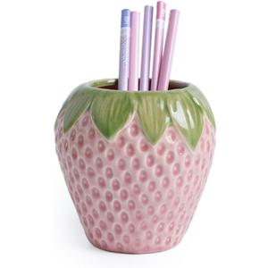 Strawberry Pencil Holder, Ceramic Pen Holder, Cute Pen Holder for Desk, Stand Makeup Brush Holder for School, Home, Office(Pink)